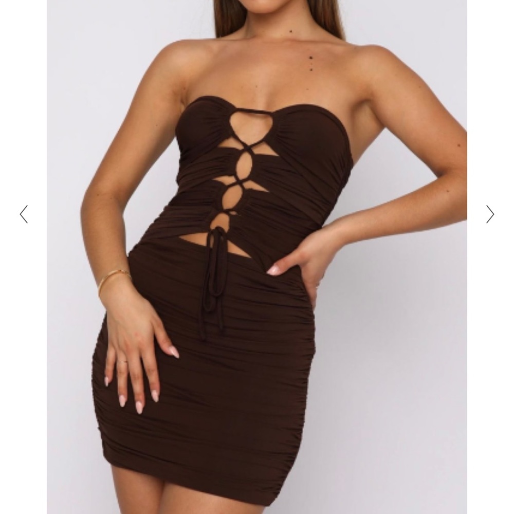 White fox boutique brown ruched bodycon dress